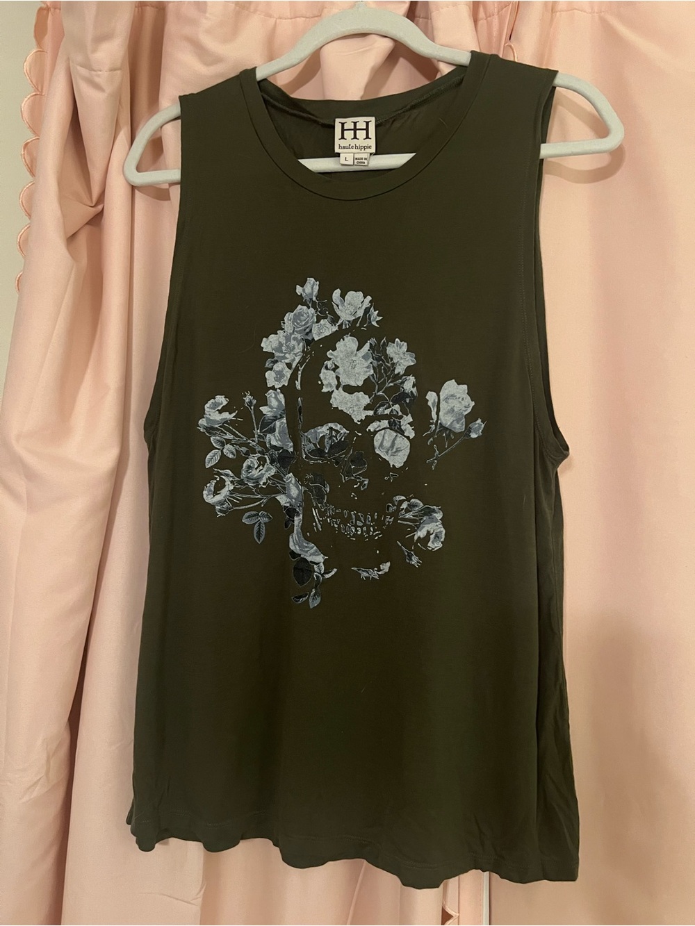 Haute Hippie Olive Green Floral Skull Muscle Tee